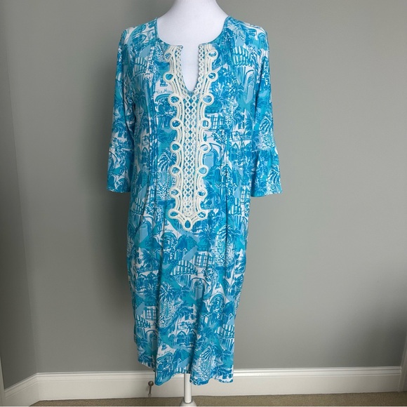 Lilly Pulitzer Krysta Split Neck Shift Dress. Size Small Color AMALFI BLUE SUNNY - Picture 3 of 7